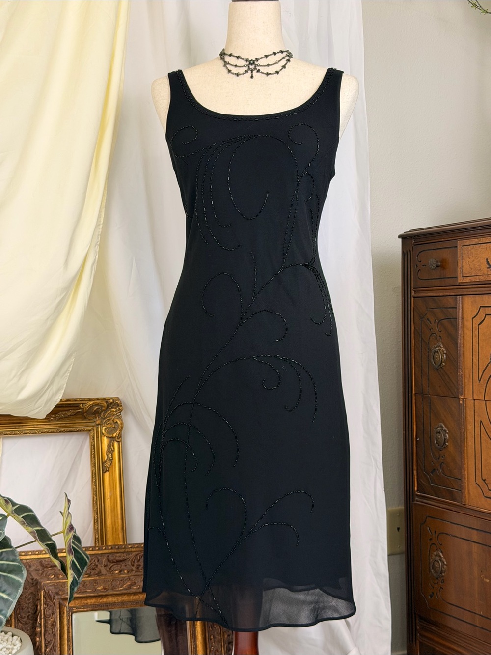Robbie Bee Black Beaded Sleeveless Midi Dress Vintage 90s Goth - Picture 5 of 7